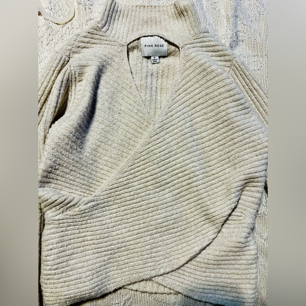 Pink Rose Cream Cowl Neck Sweater with Chunky Knit - Picture 5 of 6